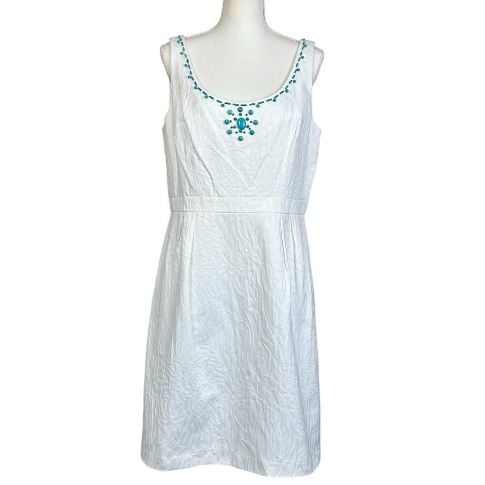 Studio 1 Dress Size 14 White Embellished Blue Beads Cotton Blend Coastal Classic